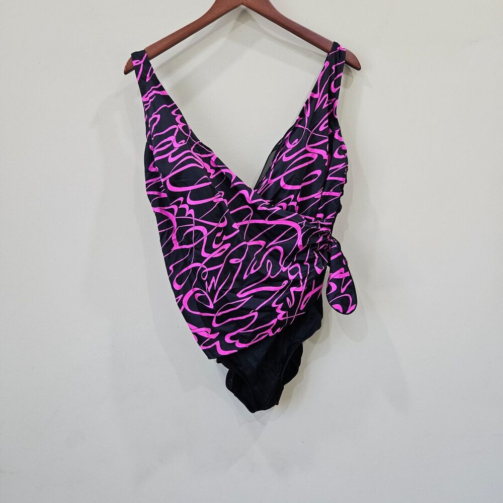 Longitude Women's Wrap One Piece Swim Suit Black Purple Beach Resort Vacation